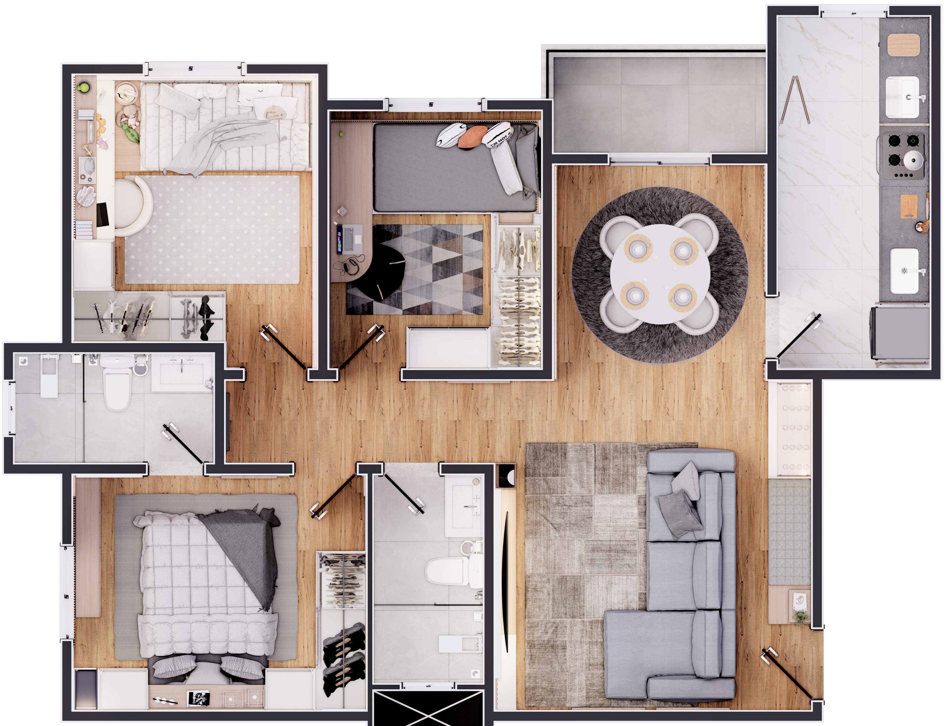 Planta baixa do apartamento de 3 quartos